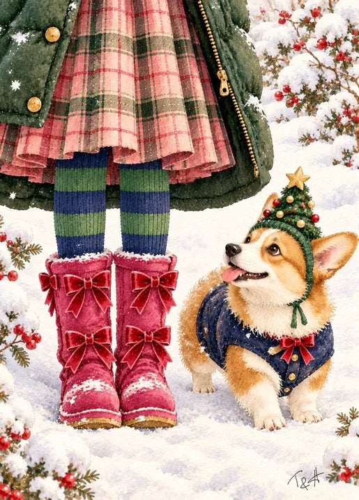 Winter postcard from Winter. Dreams of Happiness by T&A showing a cheerful corgi in a green Christmas hat and navy coat with a red bow beside pink winter boots in a snowy garden.