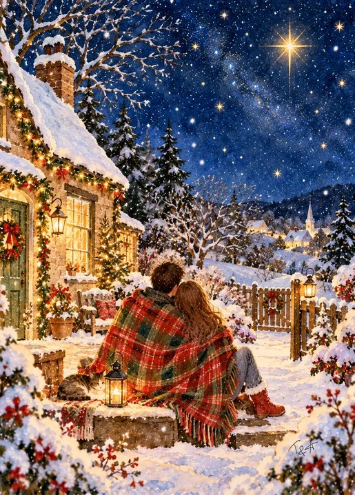 Winter postcard from Winter. Dreams of Happiness by T&A depicting a couple sitting beneath a tartan blanket outside a snow-covered cottage and watching a brilliant star in the winter night sky.