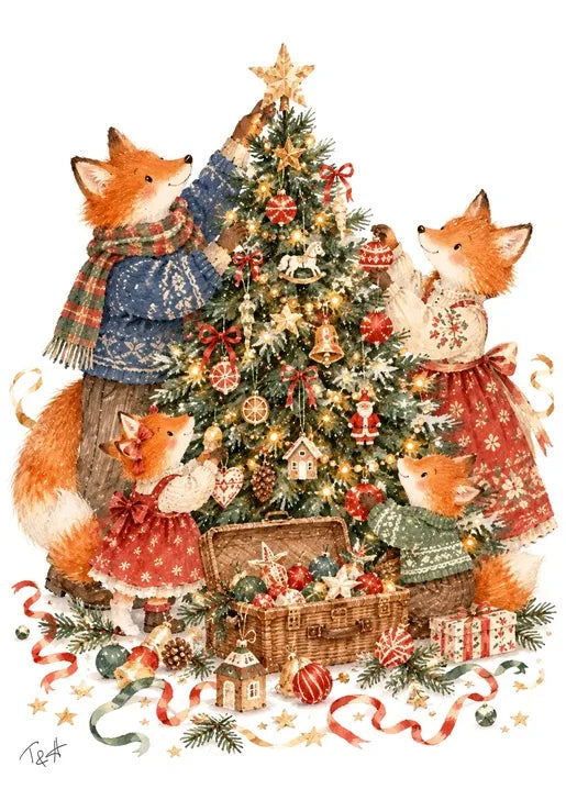Winter postcard from Winter. Dreams of Happiness by T&A showing a family of four foxes decorating a Christmas tree with baubles, ribbons and tiny ornaments beside a basket of festive decorations and wrapped gifts.