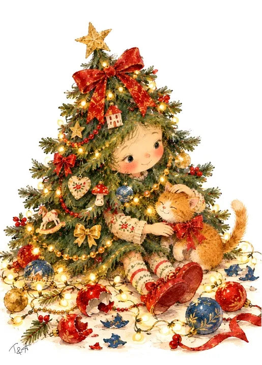 Winter postcard from Winter. Dreams of Happiness by T&A depicting a child dressed as a Christmas tree hugging a ginger cat amid glowing fairy lights, red baubles and scattered Christmas ornaments.