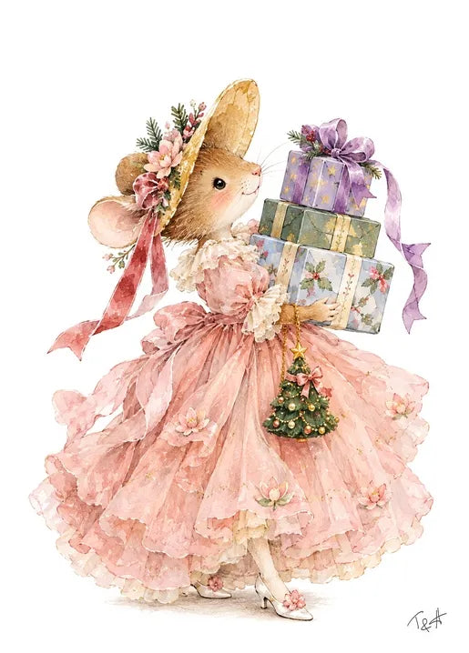 Winter postcard from Winter. Dreams of Happiness by T&A featuring a tiny mouse in a pink floral gown and flowered hat carrying a stack of beautifully wrapped Christmas gifts with pastel ribbons.
