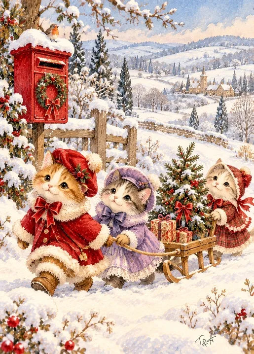 Winter postcard from Winter. Dreams of Happiness by T&A showing three kittens in red and lavender Christmas outfits pulling a wooden sled filled with presents through a snowy village.
