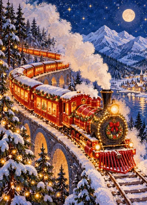 Winter postcard from Winter. Dreams of Happiness by T&A depicting a glowing vintage Christmas steam train crossing snowy stone viaducts beneath a full moon, with evergreen forests and mountain peaks in the distance.