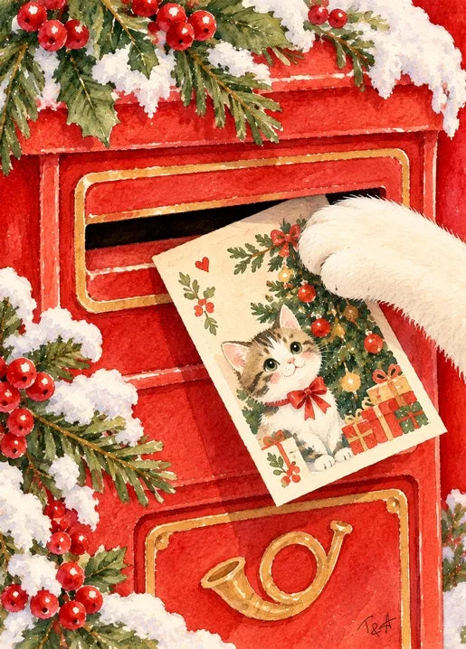 Winter postcard from Winter. Dreams of Happiness by T&A showing a furry paw posting a Christmas postcard featuring a kitten into a red mailbox decorated with holly, evergreen branches and snow.