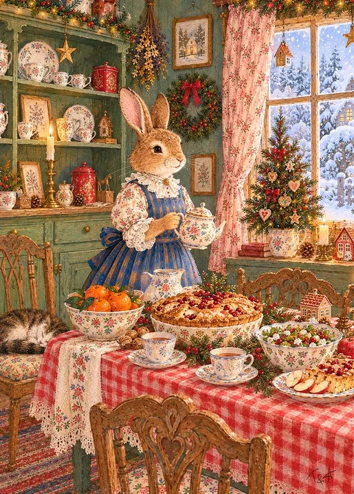 Illustrated Christmas postcard from Winter. Dreams of Happiness by T&A featuring a rabbit in a blue Victorian-style dress serving tea in a festive cottage kitchen with floral china, a Christmas pie, mandarins, a red gingham tablecloth and a decorated tree by a snowy window.
