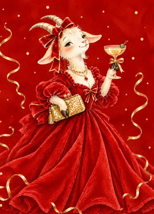 Illustrated Christmas postcard from Winter. Dreams of Happiness by T&A showing an elegant white goat with curved horns wearing a luxurious red evening gown, pearl jewellery and a red bow, holding a coupe glass and a golden clutch against a festive red background.
