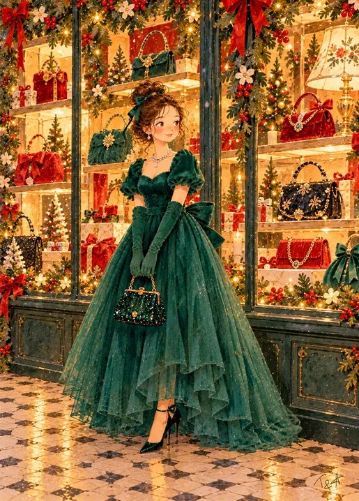 Illustrated winter postcard from Winter. Dreams of Happiness by T&A featuring a young woman in an elegant emerald green evening gown, long gloves and black heels standing before a Christmas shop window filled with decorated trees, gift boxes and warm golden lights.