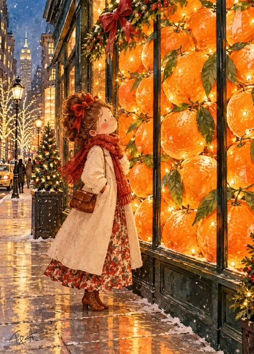 Illustrated winter postcard from Winter. Dreams of Happiness by T&A showing a girl in a cream coat and red scarf admiring glowing orange decorations in a festive shop window on a snowy city street.