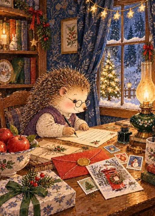 Winter postcard from Winter. Dreams of Happiness by T&A depicting a bespectacled hedgehog writing a letter at a wooden desk with apples, an oil lamp, Christmas stamps and a red envelope as snow falls outside.