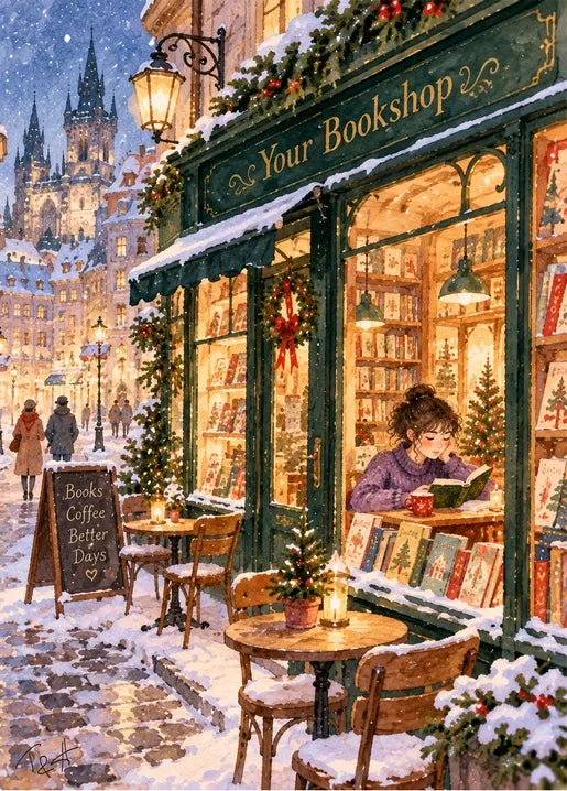 Winter postcard from Winter. Dreams of Happiness by T&A showing a girl reading inside a warmly lit Christmas bookshop on a snowy European street decorated with garlands and festive lights.