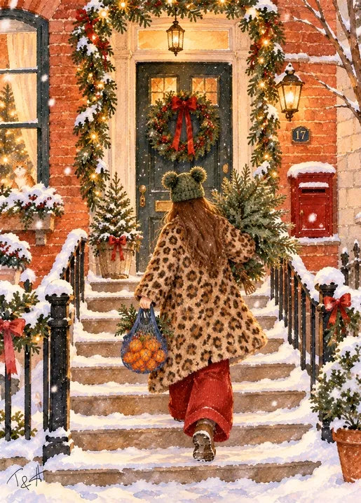 Winter postcard from Winter. Dreams of Happiness by T&A depicting a woman carrying a bag of oranges up snowy steps to a brick house decorated with evergreen garlands, a Christmas wreath and lanterns.