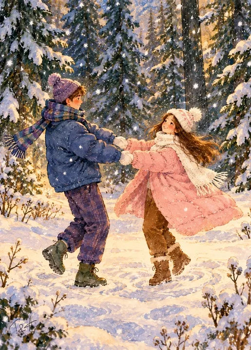 Winter postcard from Winter. Dreams of Happiness by T&A showing a young couple dancing in a snowy pine forest, wearing pink and blue winter coats surrounded by snow-covered trees.