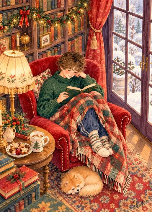 Winter postcard from Winter. Dreams of Happiness by T&A depicting a boy reading in a red armchair beside a Christmas tree, wrapped in a tartan blanket with a sleeping dog at her feet.
