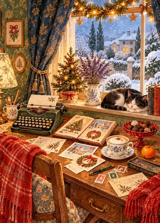 Winter postcard from Winter. Dreams of Happiness by T&A showing a black-and-white cat napping on a desk surrounded by Christmas stationery, handwritten letters, a vintage typewriter and a cup of tea.