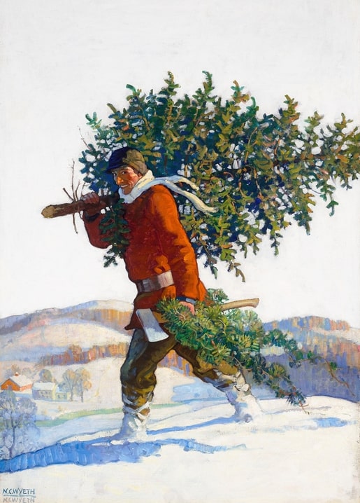 Man carrying a freshly cut Christmas tree over his shoulder through a snowy landscape