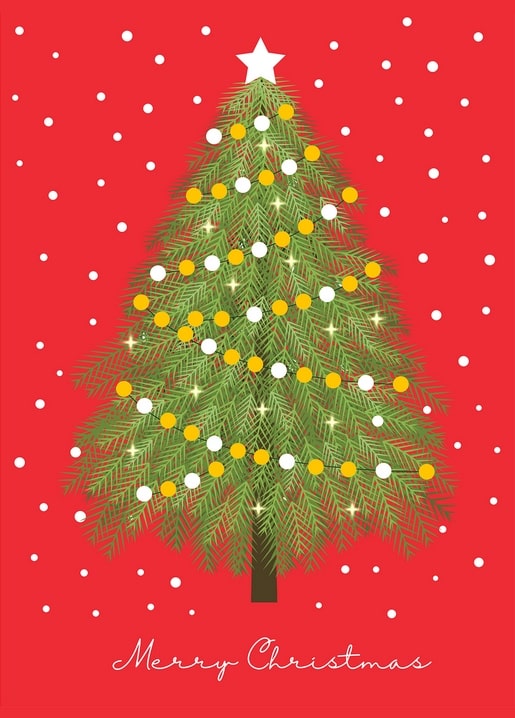 Illustrierter Weihnachtsbaum mit goldenen und weißen Lichterketten auf rotem Grund