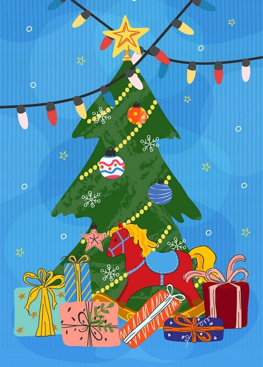 Weihnachtsbaum mit Lichterkette, Kugeln, rotem Schaukelpferd und Geschenken
