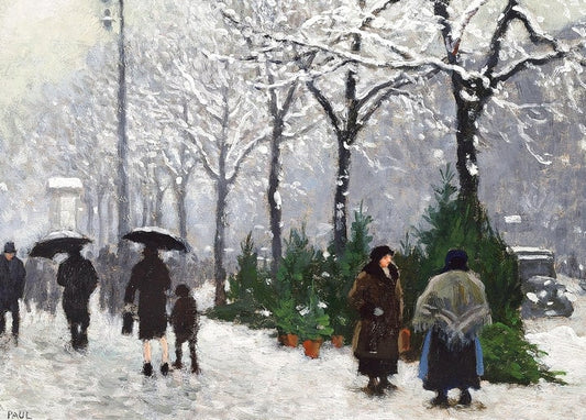 Zwei Frauen verkaufen Weihnachtsbäume auf einem verschneiten Kopenhagener Boulevard, Gemälde von Paul Gustave Fischer