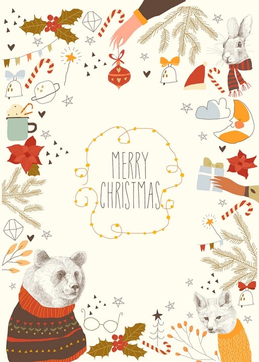 Christmas wreath with bear, fox, rabbit, holly, cocoa and Merry Christmas lettering