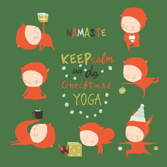 Acht rothaubige Elfen in Yoga-Posen um den Schriftzug „Namaste“ auf grünem Hintergrund