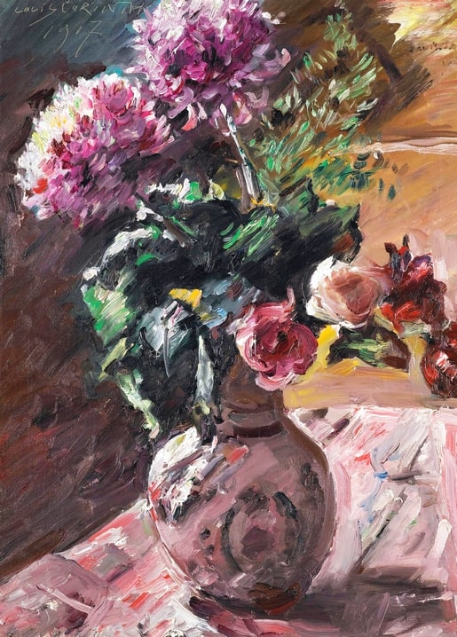 Ölgemälde mit rosa Chrysanthemen und Rosen in einem Krug, von Lovis Corinth