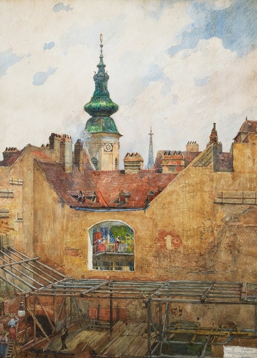 Watercolor of a green-domed church tower above rooftops and scaffolding