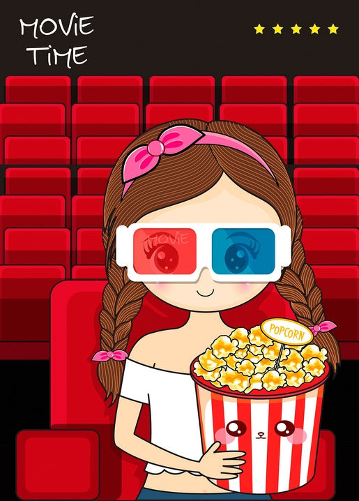 Кавайна дівчина в 3D-окулярах з відерцем попкорну в кінозалі