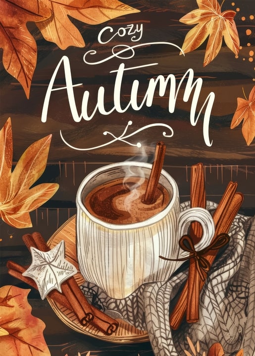 Steaming cocoa mug with cinnamon stick beside tied cinnamon bundles and autumn leaves