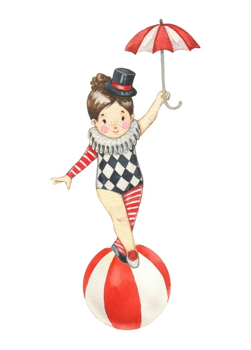 Watercolor illustration of a circus girl balancing on a striped ball with an umbrella