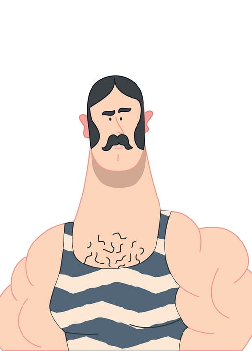 Illustration eines schnauzbärtigen Zirkus-Starkmanns im Streifenshirt mit kräftigen Armen