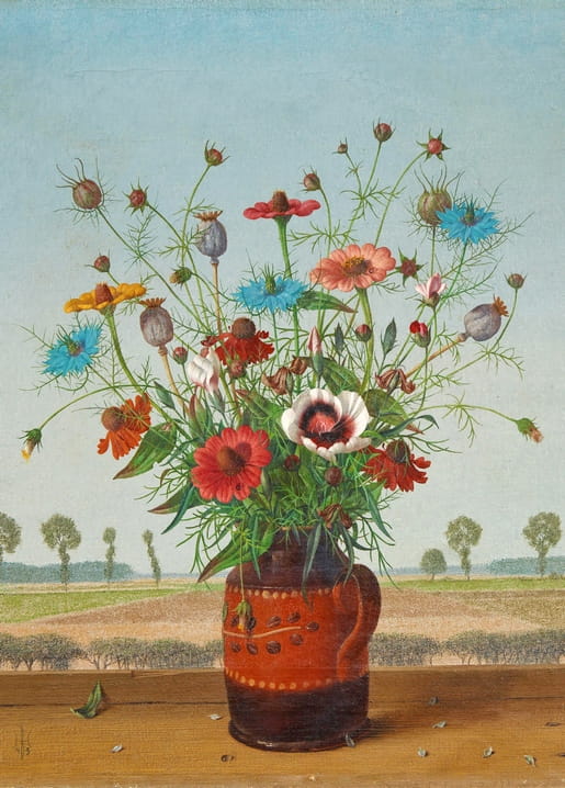 Still life of a clay jug with poppies and cornflowers on a windowsill above Lower Rhine fields