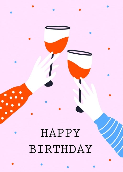 Дві руки цокаються келихами вина на рожевому тлі з написом Happy Birthday