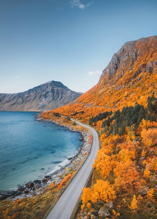Coastal road winding beneath golden autumn hills and mountain peaks