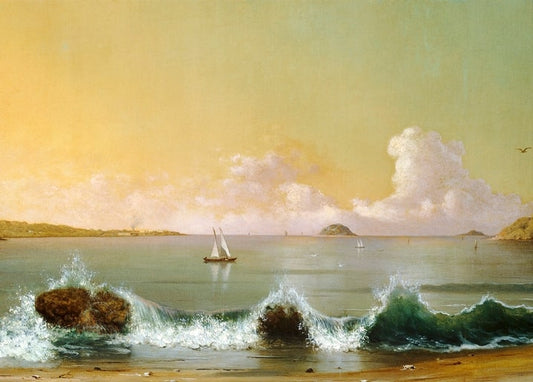 Gemälde von Martin Johnson Heade: Küstenszene mit Wellen, Schoner und goldenem Himmel