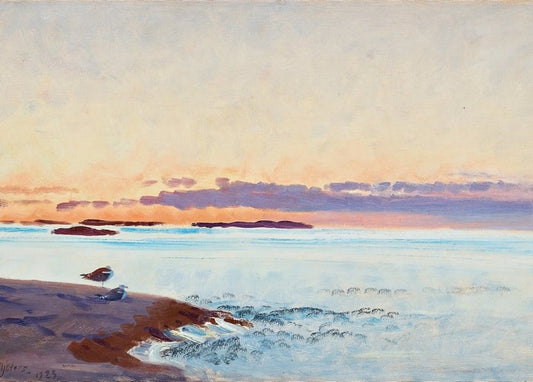 Gemälde von Bruno Liljefors von 1925: zwei Möwen am Strand bei Sonnenuntergang mit Pastellhimmel