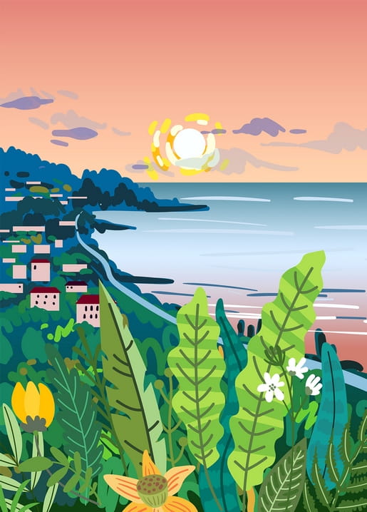 Illustriertes Küstendorf im Sonnenuntergang mit ruhigem Meer und Wildblumen im Vordergrund