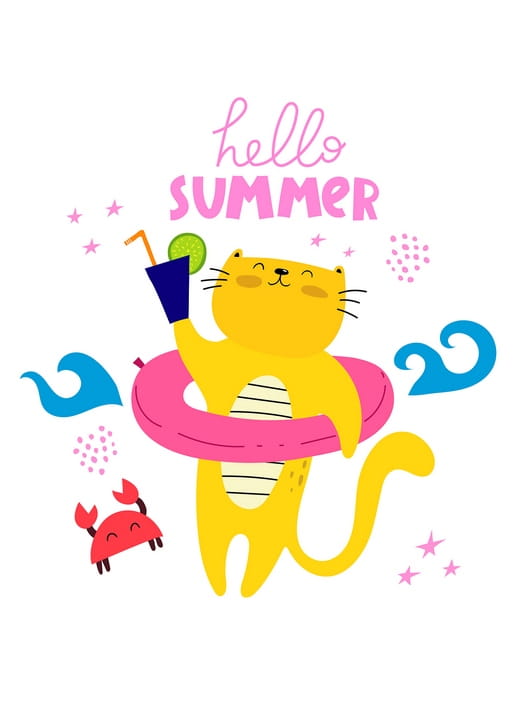 Cartoon-Katze mit Cocktail im rosa Schwimmring neben einer Krabbe und Wellen
