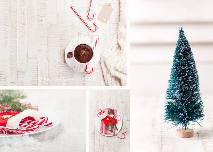 Collage aus Kakao, Zuckerstangen, einem Mini-Christbaum und einer festlichen Tischdeko