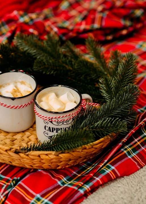 Two enamel mugs of cocoa with marshmallows on a wicker tray with pine branches and tartan blanket