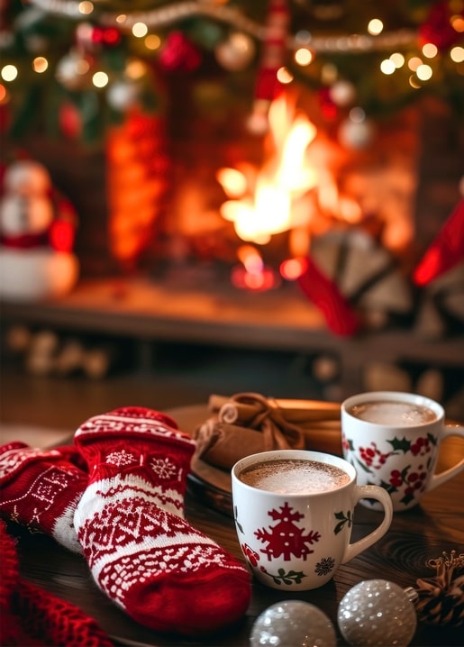 Two cocoa mugs, red knit stockings and pinecones beside a crackling Christmas fireplace