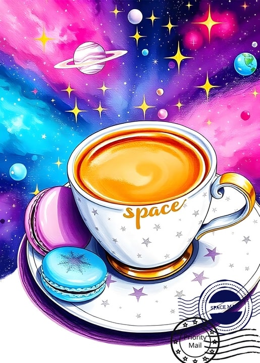 Kaffeetasse mit „space“-Schriftzug im Milchschaum neben rosa und blauen Macarons
