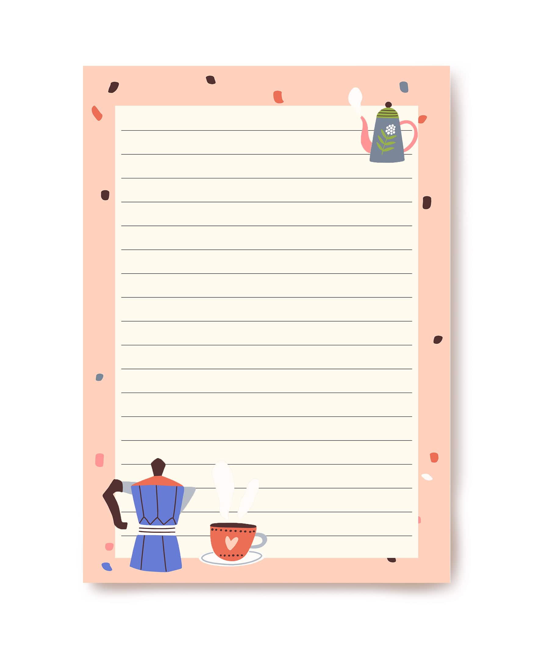 Pfirsichfarbenes Briefpapier mit Mokkakanne, Blumen-Teekanne und Herz-Teetasse