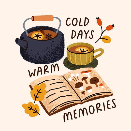 Illustrated postcard with mulled tea, a mug and an open mushroom field guide