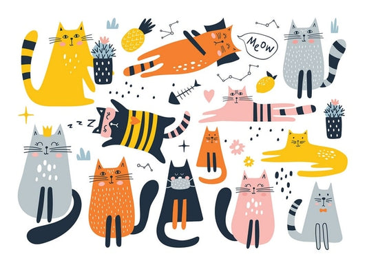 Colorful cartoon cats with a crown, bee costume, pineapple, lemon and "Meow" speech bubble