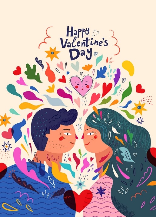 Colorful illustrated couple with hand-drawn hearts and Happy Valentine's Day lettering