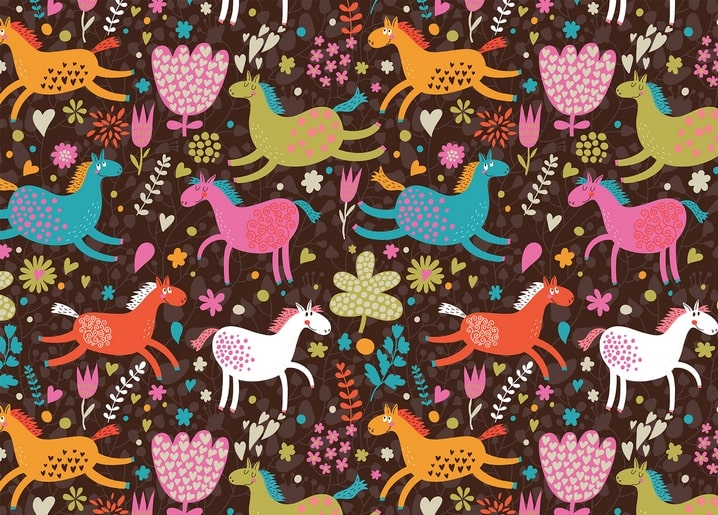 Seamless pattern of orange, teal, and pink cartoon horses among tulips on dark brown background