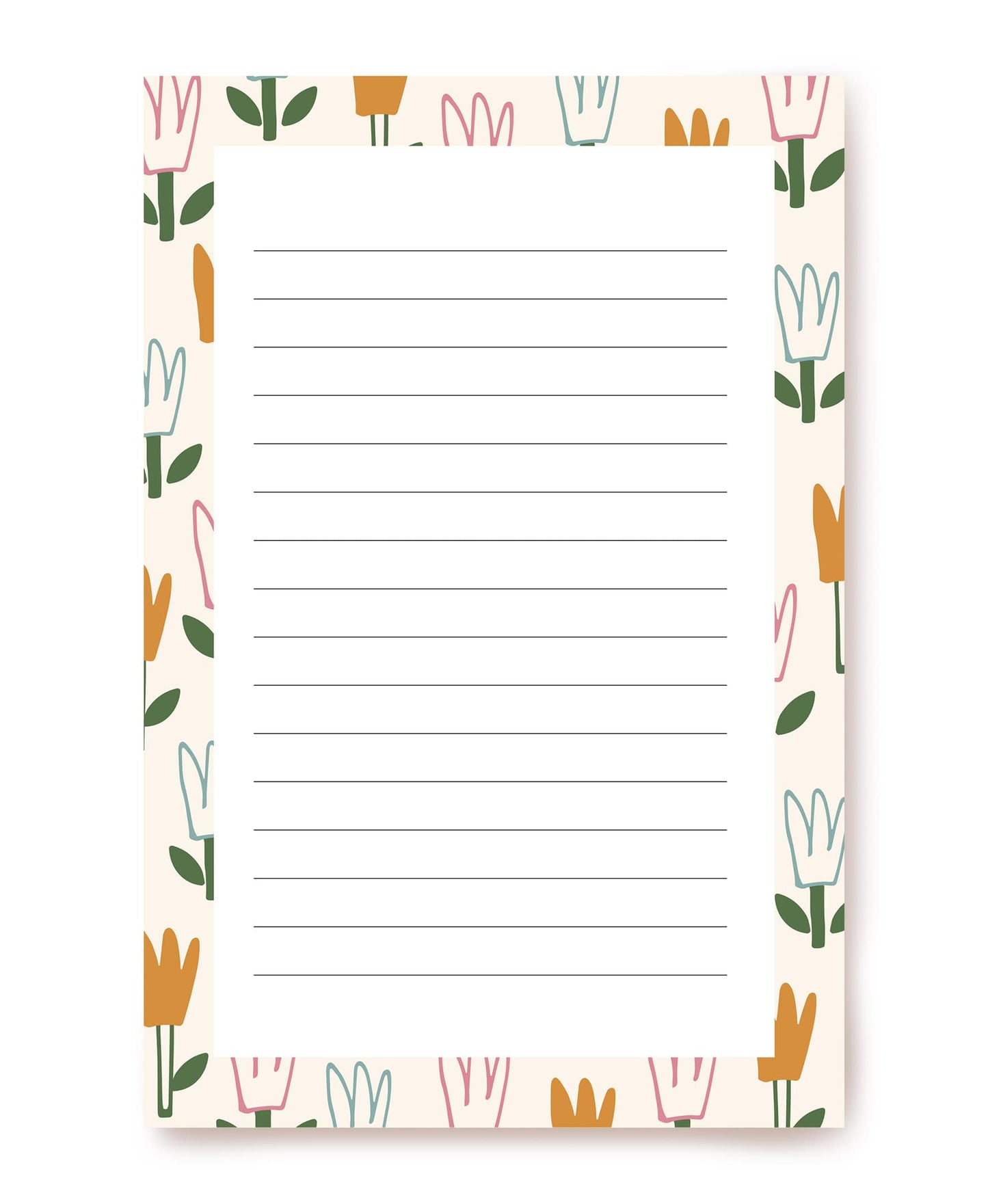 Writing paper bordered with orange, pink, mint and white tulips
