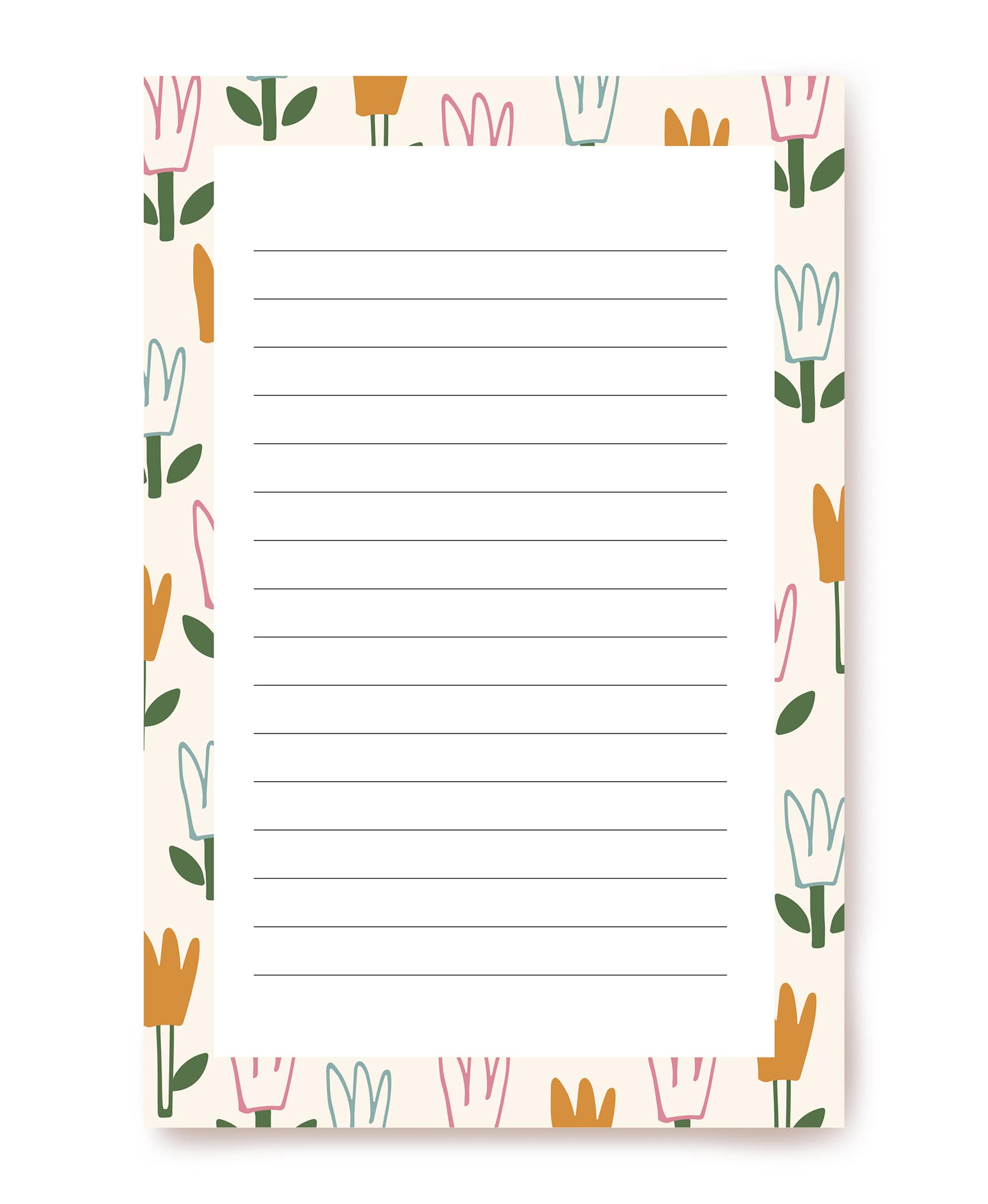 Writing paper bordered with orange, pink, mint and white tulips