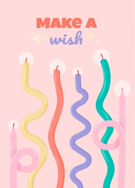 Colorful wavy birthday candles in yellow, coral, purple and teal on pink background