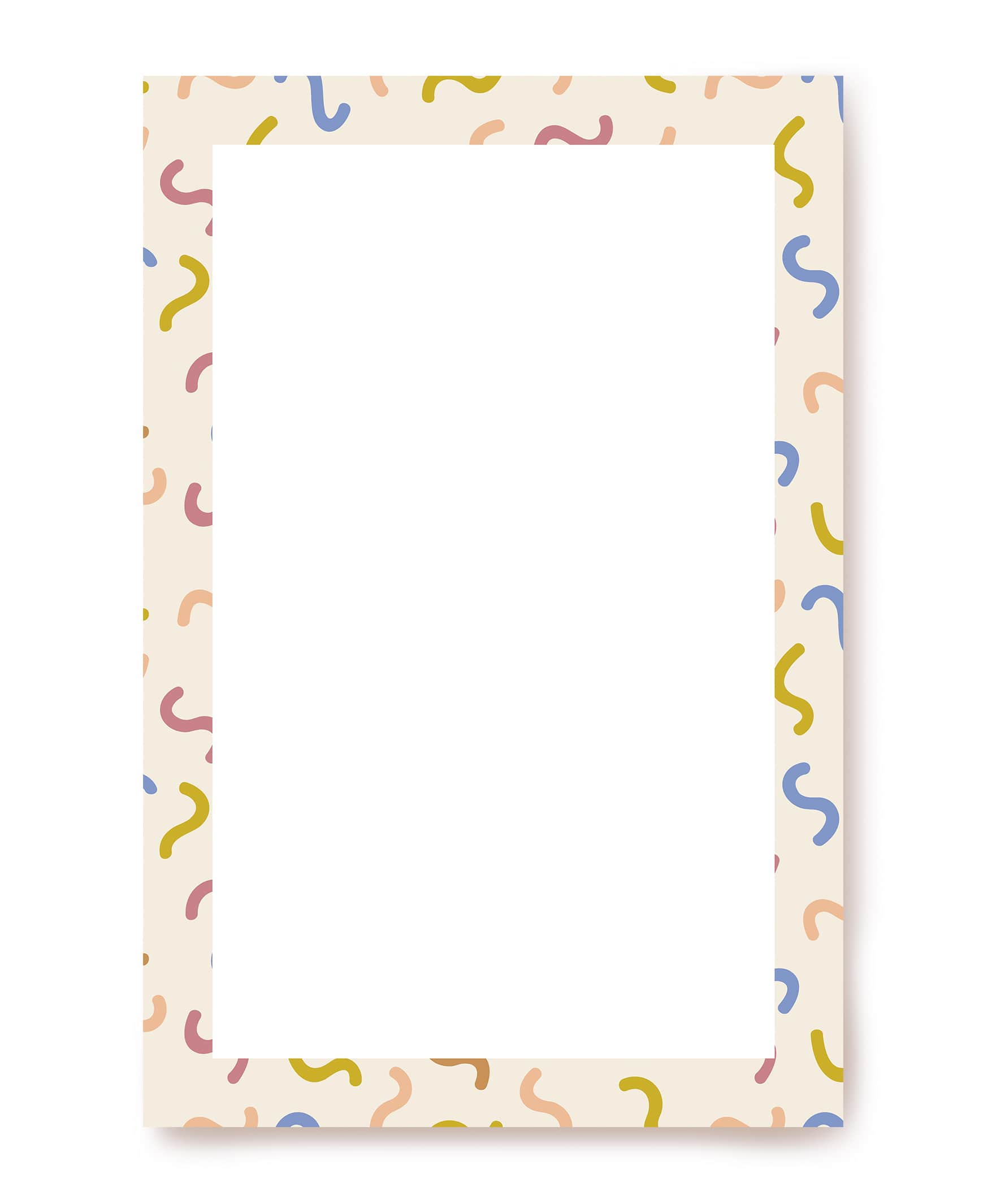 Cream writing paper with colorful confetti-like squiggles